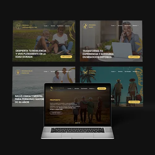 imagen de presentación del proyecto Golden Ikigai donde se muestra una laptop más 4 pantallas flotantes con vistas del website