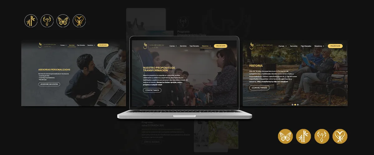 imagen de presentación del proyecto golden ikigai mostrando una laptop con 3 slides de la página web